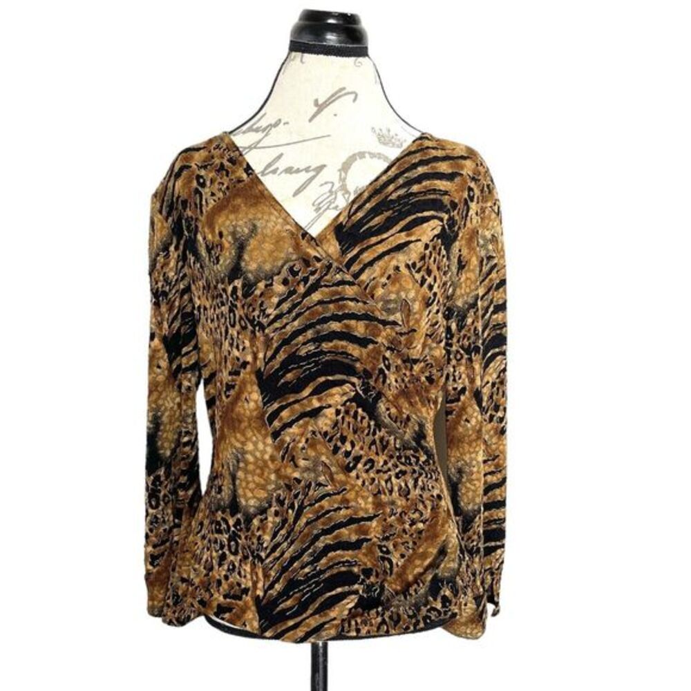 MSK Womens Blouse Size Medium Stretch Animal Print Long Slit Sleeve Faux Wrap